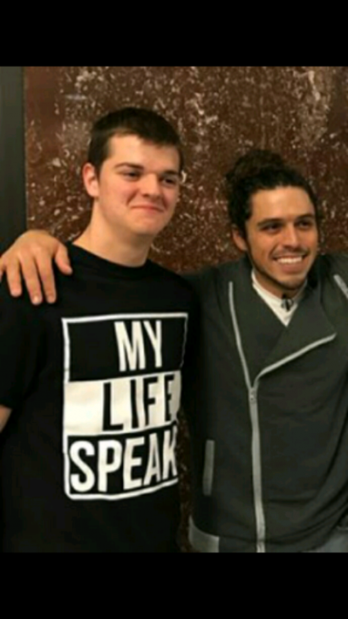 Social Superstar! Senior Alex  Huckelberry (left) stands next to guest speaker Nathan Harmon (right) of ¨My Life Speaks.¨  