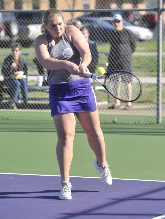 Tribune Photo by Jeff Lubker/ Seymours Peyton Levine hits a shot during a match against Scottsburg on Tuesday.