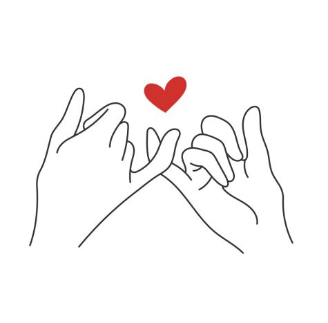 Mini heart love symbol icon. Vector Illustration of a lovers hands with a heart in a minimalist linear trend style. Concept for logo, printing on t-shirt, poster, Valentines day card