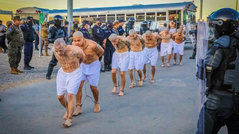 Inmates march in their standard uniforms of white shorts. The bare torsos expose their gang tattoos.