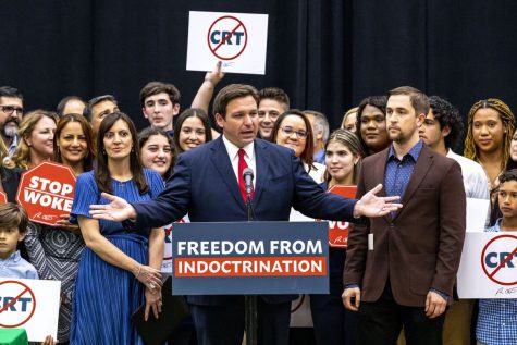 Florida Governor Ron DeSantis rallying against woke ideology in schools.
