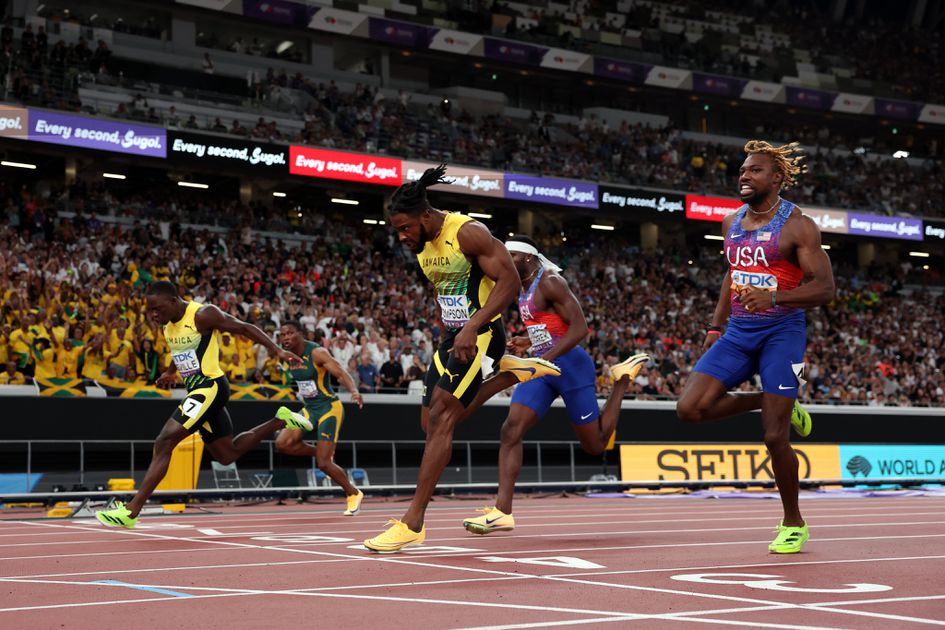 Oblique Seville and Kishane Thompson beating Noah Lyles in the 100m final at the 2025 World Championships (Pulse Sports Nigeria)